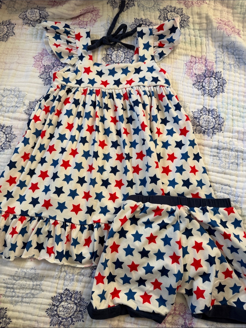Girls White Star Print Tank Dress/Top & Shorts Set - Red & Blue Stars